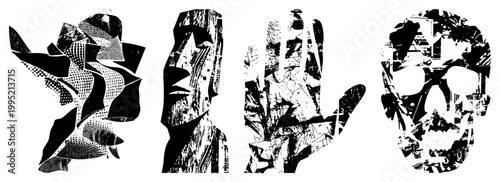 Distressed silhouettes with fragmented, stylized skull, halftone textures perfect for edgy/punk design. Alt glitchy anatomical cutouts, noise art avatars.