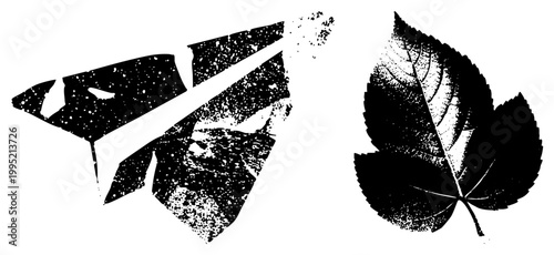 Stylized paper plane and botanical leaf rendered in halftone dot origami glider and foliage silhouette, graphic element for design use.