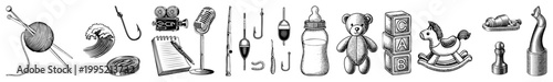 Retro styled illustration collection including knit supplies, angling equipment, nursery items, and vintage playthings. clip art set, retro pictograms.