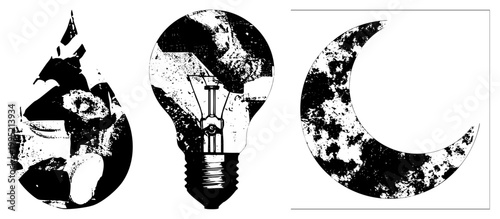 Vintage style vector symbols featuring a bulb, teardrop shape, and lunar all rendered with halftone decay effects, ideal for edgy design projects or retro branding.
