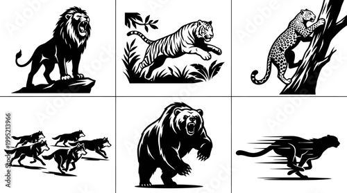 Monochrome Wild Animals Vector Illustration Set - Lion, Tiger, Leopard, Bear, Wolves, Cheetah