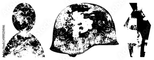 War helmet glyph with weathered effect, combat headgear symbol, armored protection, battlefield gear, tactical equipment.