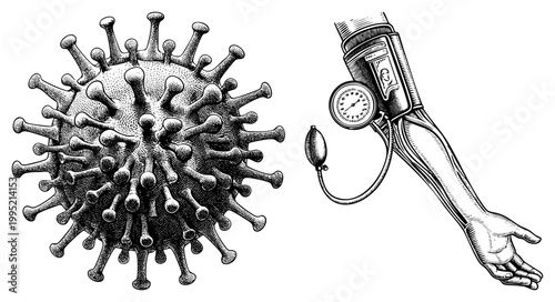 Retro engraved depiction of a coronavirus particle alongside sphygmomanometer on arm, medical diagram, pathological, diagnostic tool, anatomical sketch.
