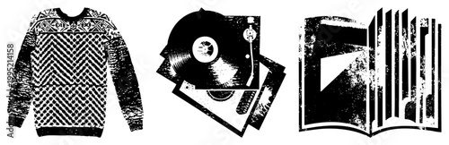 Retro graphic set knitwear, turntable with LP, reading material ideal for indie branding, zine culture, vintage aesthetics. Alt distressed, analog lifestyle symbols.