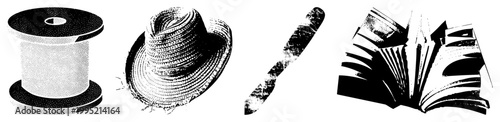 Retro style halftone illustrations depicting a thread spool, sun hat, French bread loaf, and fanned book pages ideal for print or digital. stippled graphics, dot matrix art.