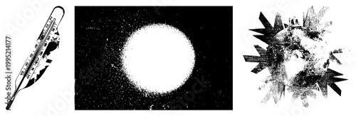 Retro style temperature gauge, lunar orb, radiant sun vintage halftone illustrations ideal for print design or retro UI. dot matrix graphics, stippled visuals.