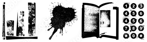 Distressed halftone graphic collection featuring statistical chart, ink blot, reading material, and numeric keypad ideal for retro design, vintage layouts, or punk themed visuals.