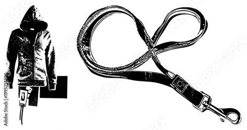 Halftone vector illustration of zippered hooded sweatshirt paired with dog leash featuring swivel snap hook, pet accessory, restraint equipment.