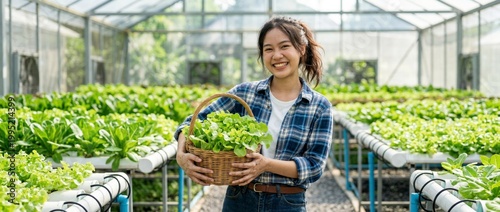 Asian woman holding basket of fresh lettuce in hydroponic greenhouse