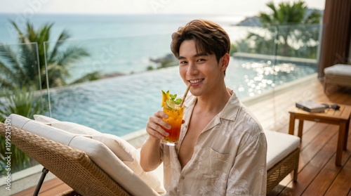 Man with Cocktail Enjoying Tropical Vacation by Infinity Pool