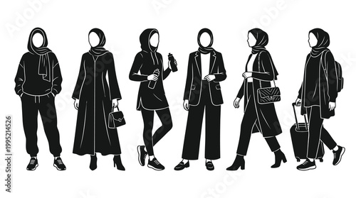 Women's Modest Fashion Lifestyle Silhouette Vector Art: Diverse Hijab Outfits Collection