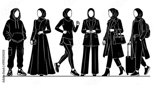 Diverse Hijab Women Outfits in Black  White Glyph Style for Modest Fashion  Lifestyle