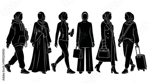 Modest Fashion: Diverse Hijab Women Lifestyle Silhouettes Vector Art