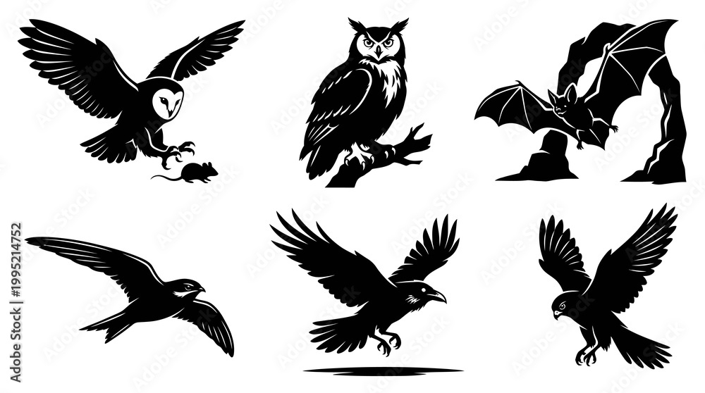 Fototapeta premium Wildlife Birds and Bat Black White Glyph Vector Icons Set