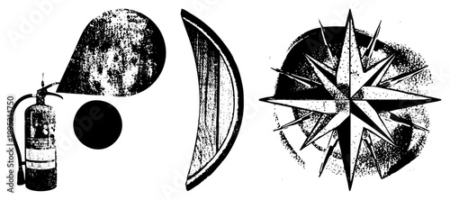 Vintage style fire extinguisher paired with textured lunar and explosive star symbol emergency safety device, fire suppression tool, hazard control equipment.