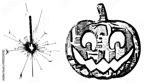 Grinning pumpkin lantern with carved eyes and jagged smile, sparkler beside it for festive effect also called carved gourd or All Hallows’ Eve light.