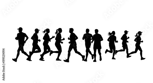 Diverse Group of Runners Silhouette Isolated on White Background