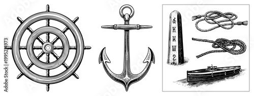 Maritime symbols including helm, anchor, sailor’s knots, depth marker buoy, and dinghy rendered as engraved art for tattoos, logos, or nautical branding.