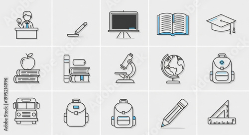 Collection of school and education related icons in a simple line art style.