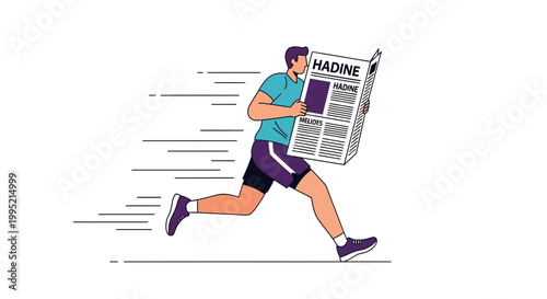 Man running and reading newspaper, motion blur effect, white background