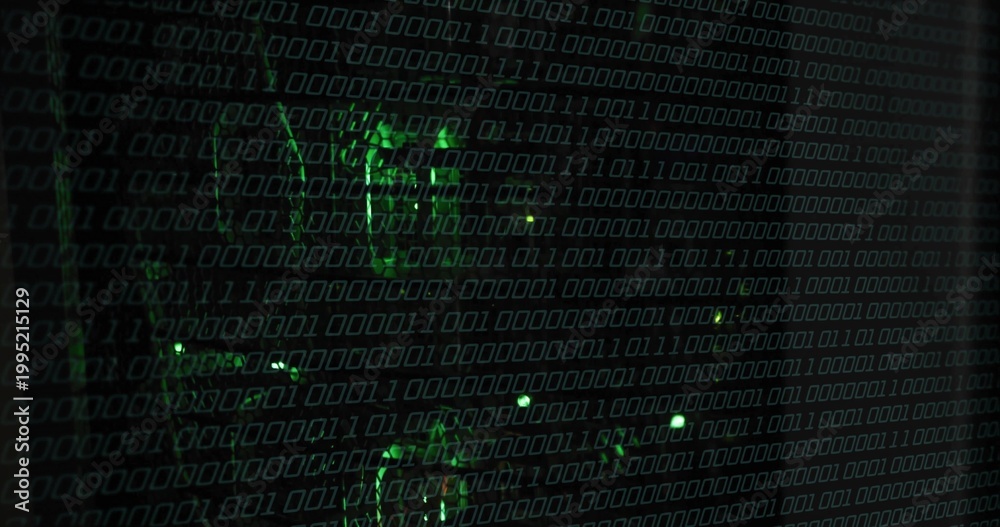 Naklejka premium Displaying green binary matrix overlaying circuit traces on reflective panel, glowing LED points