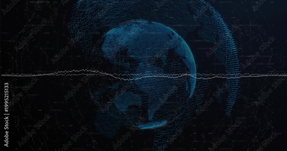 Fototapeta premium Rotating blue dotted globe pulsing in virtual space, with white waveform and node network