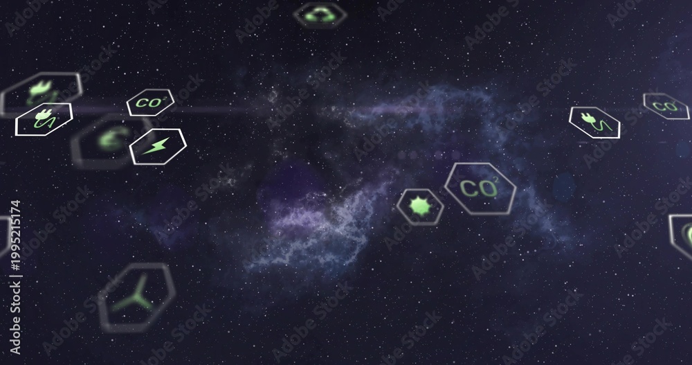 Fototapeta premium Floating central nebula and hexagonal badges drifting across deep space, showing neon CO2 icons