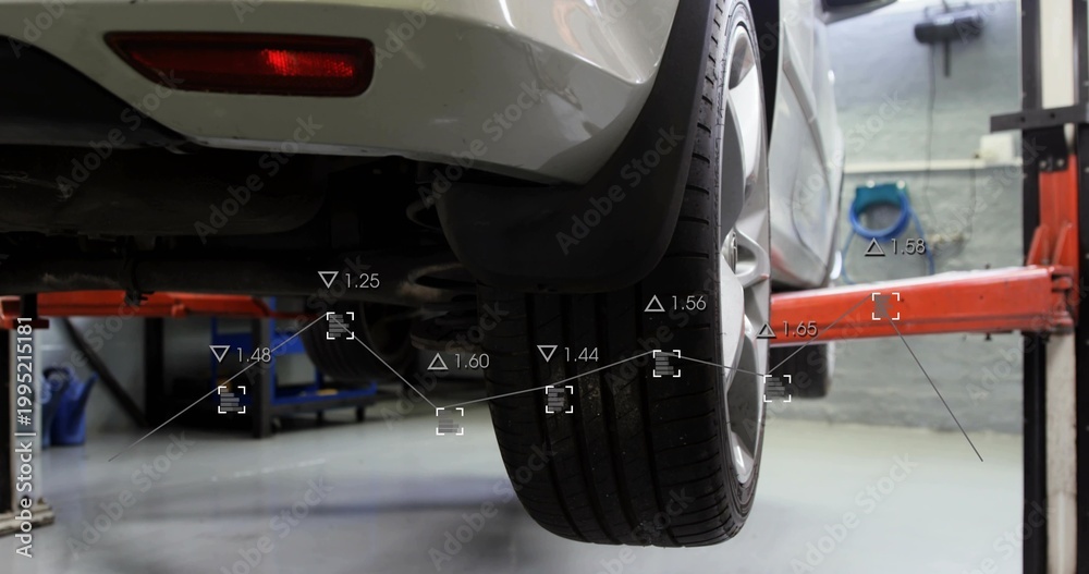 Naklejka premium Showing white car revealing rear-right wheel, spring at garage with orange lift-arms, AR overlay