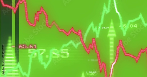 Showing chart overlay on trading screen with red decline, green lines, numeric readouts, arrows