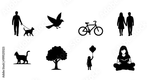 Lifestyle Nature Silhouette Vector Set Walking Dog Bicycle Tree Reading Illustration Collection