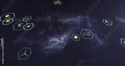 Floating central nebula and hexagonal badges drifting across deep space, showing neon CO2 icons