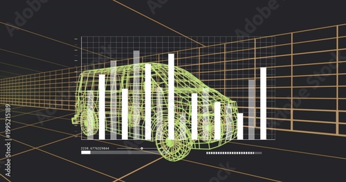 Showing neon green wireframe car model rotating in orange grid, with white bar-chart columns