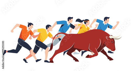 People Running From Bull, Concept of Danger, Challenge, Stock Market Crash