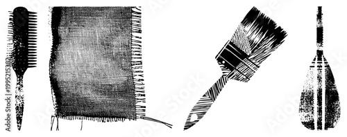 Black and white halftone illustration of grooming, textile, artistic, and nautical implements includes bristle brush, woven fabric sample, artist’s brush, oar.