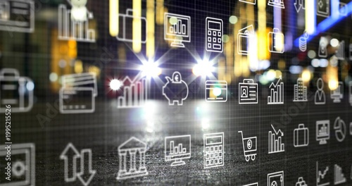 Floating finance icons overlaying wet urban street at night, featuring piggy bank and headlights