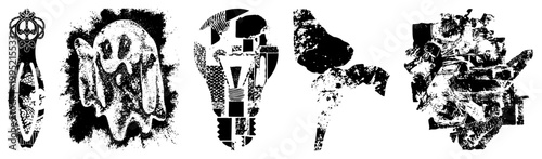 Stylized vector illustrations featuring surreal shapes, fragmented forms, and stippled ideal for graphic design or avant garde branding.