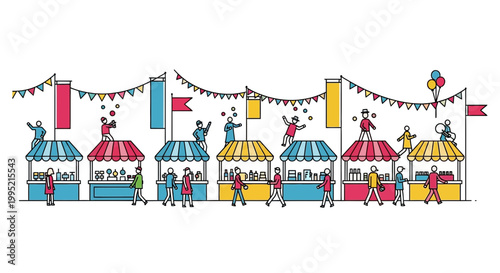 Outdoor Market Scene with Stalls, People, and Entertainment