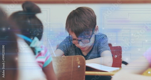 Leaning student, glasses and navy stripes, writing in notebook at school desk with blue overlays