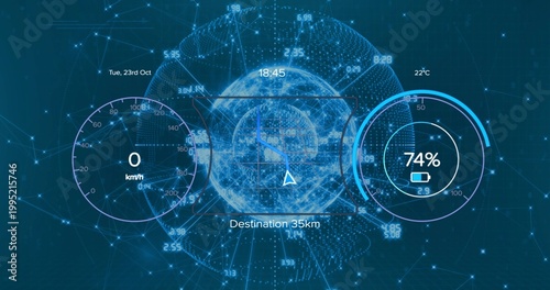 Displaying holo globe with nav pointer on HUD, 18:45 Destination 35km, speed 0 km or h, battery 74%