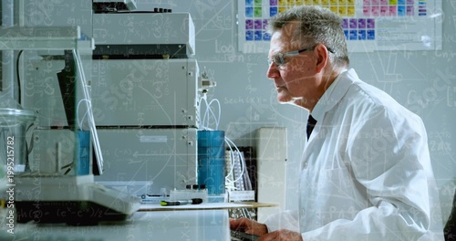 Observing senior scientist in white coat goggles operating screen and HPLC at lab bench, copy space