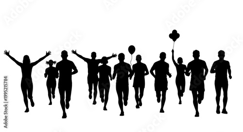Silhouette Marathon Runners Celebrating Victory, Diversity, Achievement, Fitness, Competition