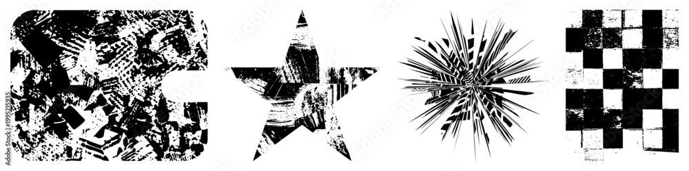 Fototapeta premium Rugged graphic elements featuring halftone noise, distressed, and stylized cutouts ideal for urban design, punk aesthetics, or vintage branding. weathered, worn stencils.