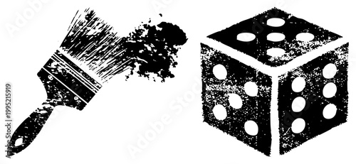 Brush and die illustration rendered in distressed, stencil art, halftone texture, ink splatter design, abstract graphic element.