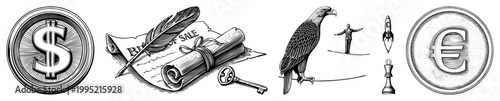 engraved style collection representing finance, law, ambition, strategy, and currency also known as fiscal glyphs, economic symbols, or business metaphors.