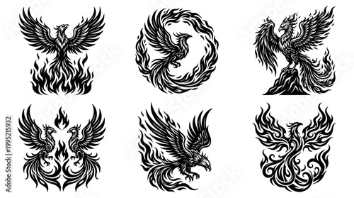 Black and white phoenixes in flames, vector tattoo designs