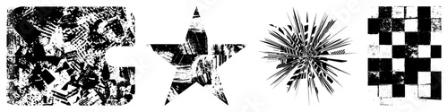 Rugged graphic elements featuring halftone noise, distressed, and stylized cutouts ideal for urban design, punk aesthetics, or vintage branding. weathered, worn stencils.
