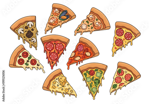 Collection of vector illustrations featuring delicious, melty pizza slices with various toppings