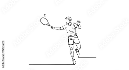 Continuous line drawing of a male tennis player hitting a forehand shot on white background.