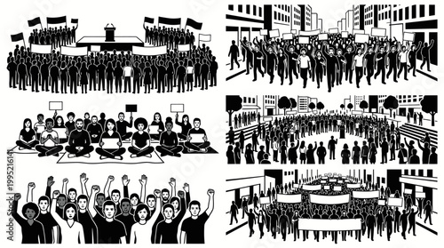 Black White Line Art Vector Illustrations: Protest and Social Activism Crowds  Demonstrators
