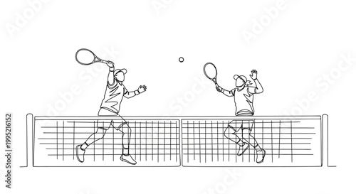 Two tennis players playing a match on a court, line art illustration